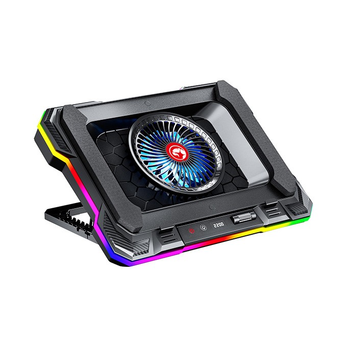 Stojak pod notebook, ATLAS 43, podświetlany, z wiatrakiem, czarny, Marvo, z 2-portowym hub-em