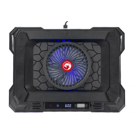 Stojak pod notebook, ATLAS 43, podświetlany, z wiatrakiem, czarny, Marvo, z 2-portowym hub-em