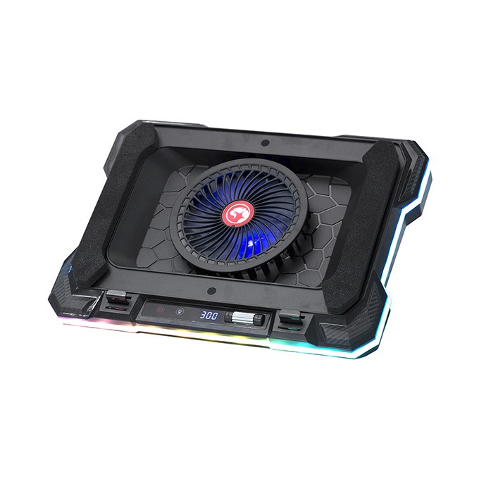 Stojak pod notebook, ATLAS 43, podświetlany, z wiatrakiem, czarny, Marvo, z 2-portowym hub-em