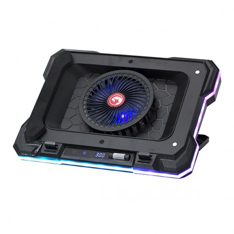 Stojak pod notebook, ATLAS 43, podświetlany, z wiatrakiem, czarny, Marvo, z 2-portowym hub-em