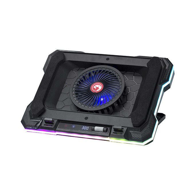 Stojak pod notebook, ATLAS 43, podświetlany, z wiatrakiem, czarny, Marvo, z 2-portowym hub-em