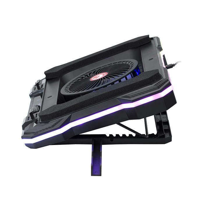 Stojak pod notebook, ATLAS 43, podświetlany, z wiatrakiem, czarny, Marvo, z 2-portowym hub-em