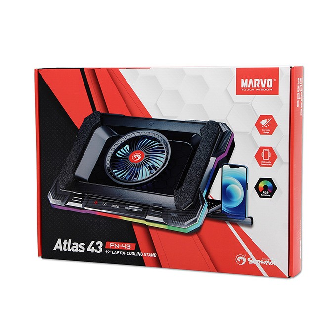 Stojak pod notebook, ATLAS 43, podświetlany, z wiatrakiem, czarny, Marvo, z 2-portowym hub-em