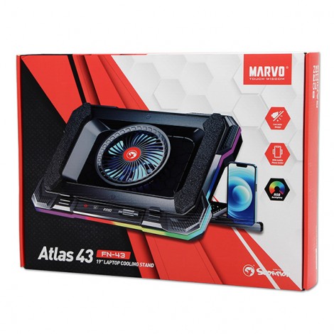 Stojak pod notebook, ATLAS 43, podświetlany, z wiatrakiem, czarny, Marvo, z 2-portowym hub-em