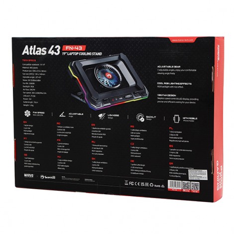 Stojak pod notebook, ATLAS 43, podświetlany, z wiatrakiem, czarny, Marvo, z 2-portowym hub-em