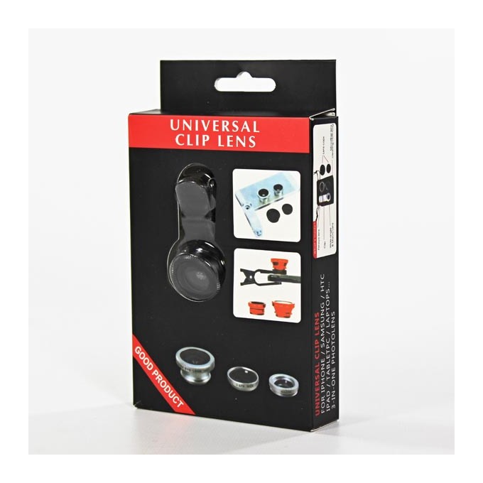 Obiektyw na telefon, z klipsem, Plastik / aluminium, czarna, 3w1