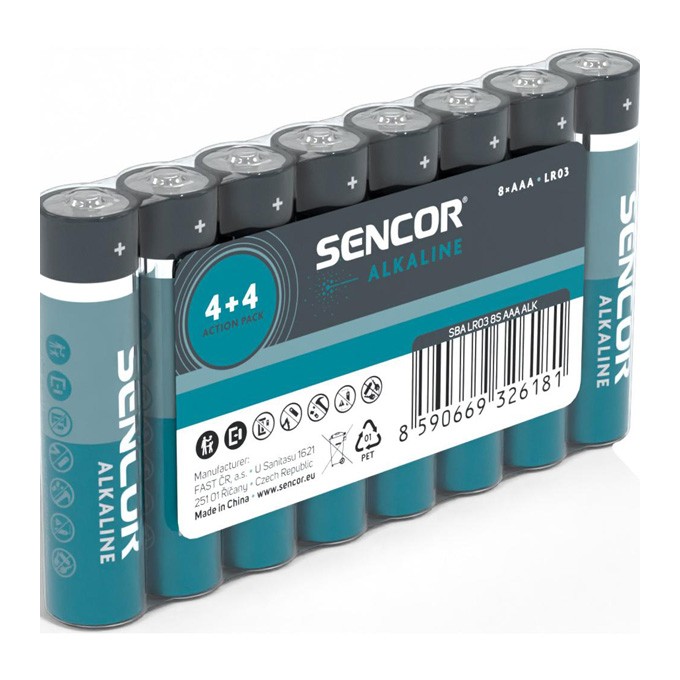 Bateria alkaliczna, AAA (LR03), AAA, 1.5V, Sencor, Folia, 8-pack