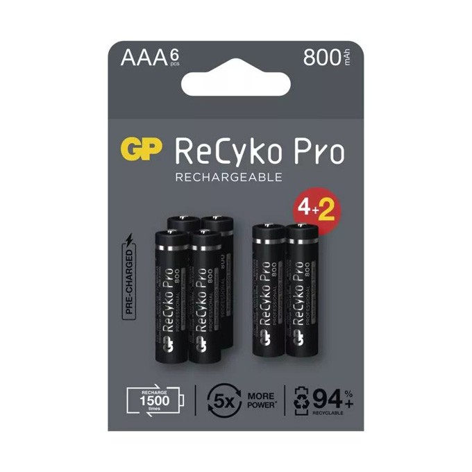 Akumulatorki, AAA (HR03), 1.2V, 800 mAh, GP, kartonik, 6-pack, ReCyko Pro