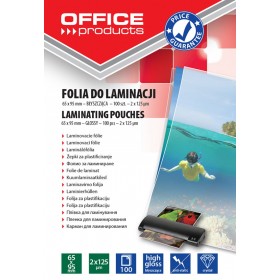 Folia do laminowania OFFICE PRODUCTS, 65x95mm, 2x125mikr., błyszcząca, 100szt., transparentna