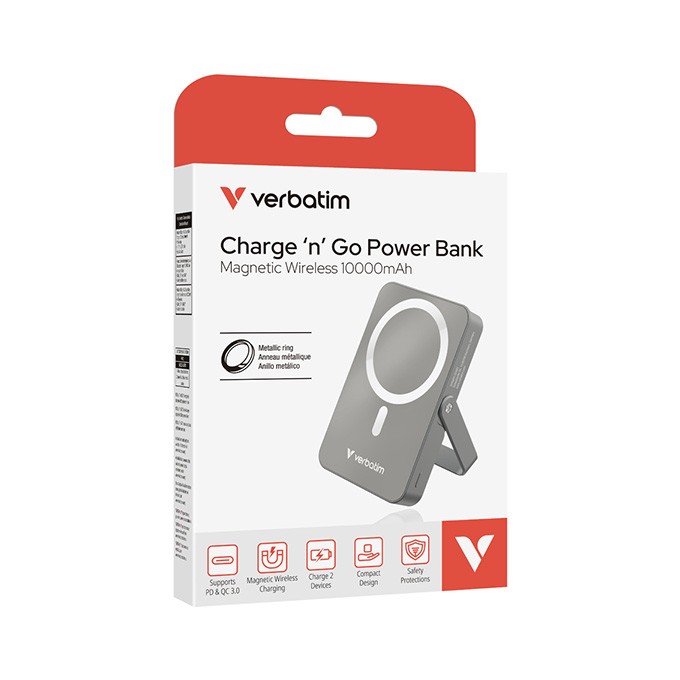Verbatim, powerbank z ładowaniem bezprzewodowym, 5V, ładowanie telefonu, 32268, 10 000mAh, Mocowanie magnetyczne, 