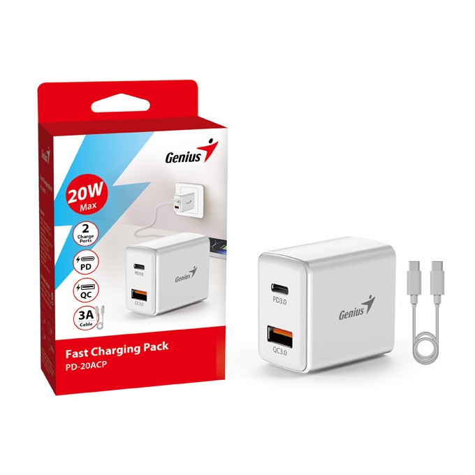 Genius Zasilacz / sieciowy adapter 20W, 2-portowy, USB-C, USB-A, PD-20ACP