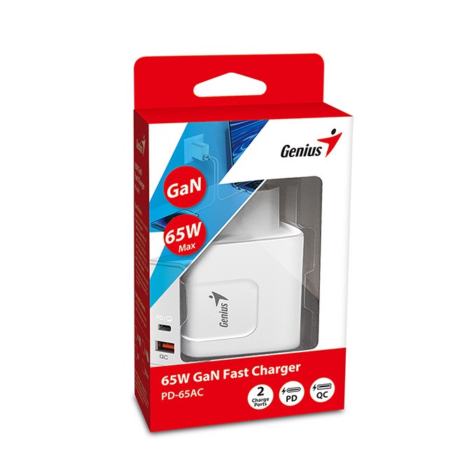 Genius Zasilacz / sieciowy adapter 65W, 2-portowy, USB-C, USB-A, PD-65AC