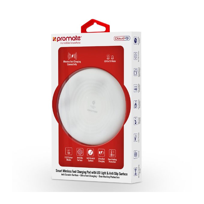 Promate, ładowarka indukcyjna, Cloud-Qi, 9V, ładowanie telefonów komórkowych, podświetlenie, ochrona przed 