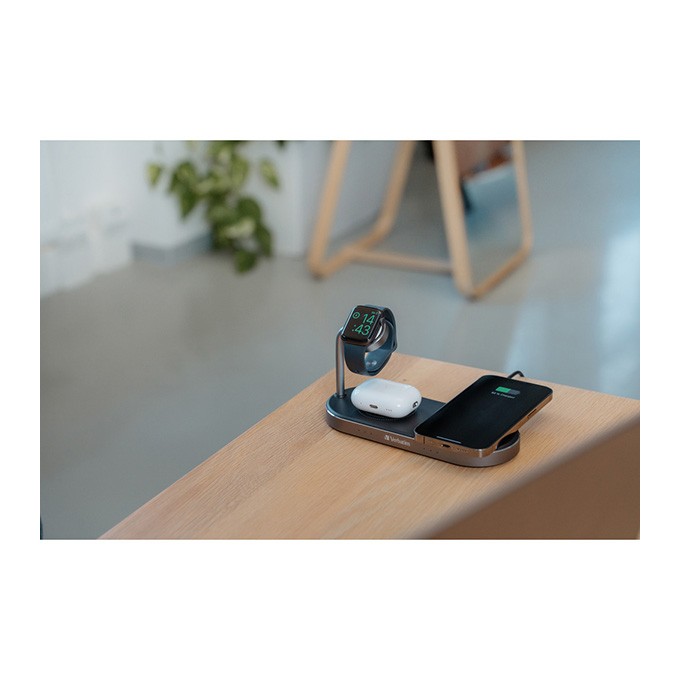 Verbatim, Ładowarka bezprzewodowa 3 w 1, na dwa iPhone,y i Apple Watch, czarna, 9V, 35W, Certifikat MFi i Qi