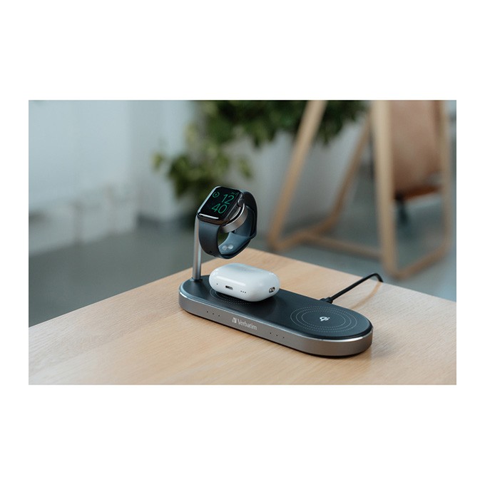 Verbatim, Ładowarka bezprzewodowa 3 w 1, na dwa iPhone,y i Apple Watch, czarna, 9V, 35W, Certifikat MFi i Qi