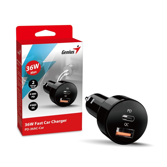 Ładowarka samochodowa Genius 36W, 2-portowy, USB-C, USB-A, PD-36AC-Car