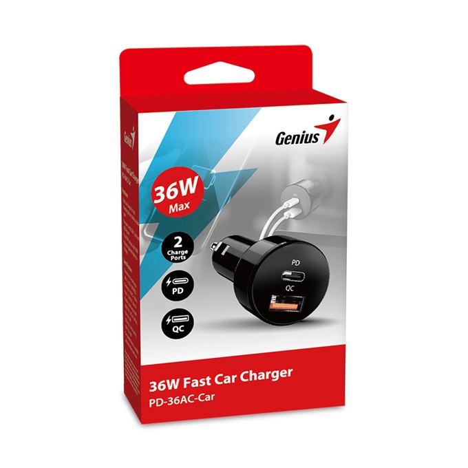 Ładowarka samochodowa Genius 36W, 2-portowy, USB-C, USB-A, PD-36AC-Car