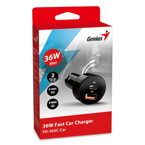 Ładowarka samochodowa Genius 36W, 2-portowy, USB-C, USB-A, PD-36AC-Car