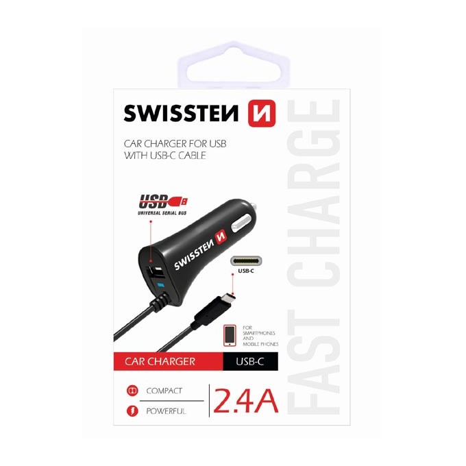 Ładowarka samochodowa SWISSTEN 12W, 1 port, USB-A, kabel USB-C