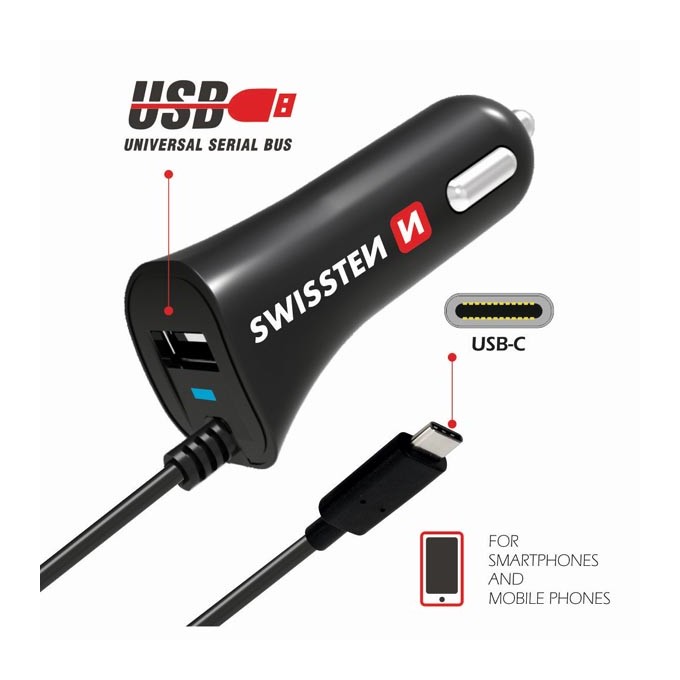 Ładowarka samochodowa SWISSTEN 12W, 1 port, USB-A, kabel USB-C