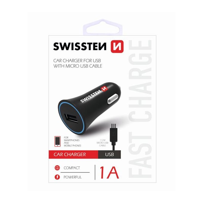Ładowarka samochodowa SWISSTEN 5W, 1 port, USB-A, kabel microUSB