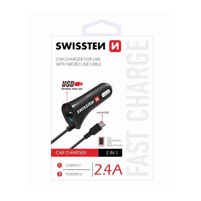 Ładowarka samochodowa SWISSTEN 12W, 1 port, USB-A, kabel microUSB
