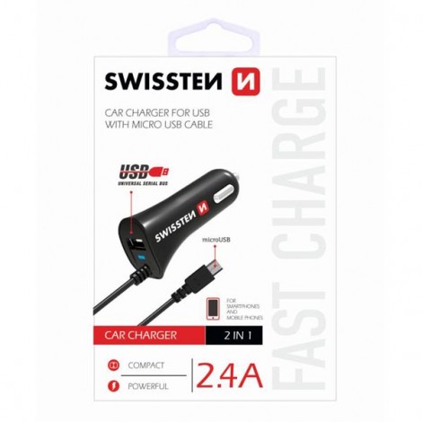 Ładowarka samochodowa SWISSTEN 12W, 1 port, USB-A, kabel microUSB