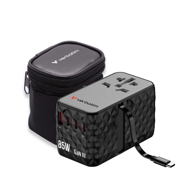 Verbatim, Uniwersalny adapter podróżny CNT-02 GaN III 3x USB-C PD QC 4+, 1x USB-C kabel, 1x USB-A QC, czarny, 85W