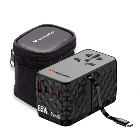 Verbatim, Uniwersalny adapter podróżny CNT-02 GaN III 3x USB-C PD QC 4+, 1x USB-C kabel, 1x USB-A QC, czarny, 85W