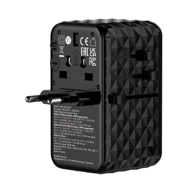Verbatim, Uniwersalny adapter podróżny CNT-02 GaN III 3x USB-C PD QC 4+, 1x USB-C kabel, 1x USB-A QC, czarny, 85W