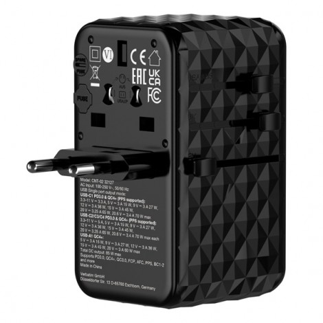 Verbatim, Uniwersalny adapter podróżny CNT-02 GaN III 3x USB-C PD QC 4+, 1x USB-C kabel, 1x USB-A QC, czarny, 85W