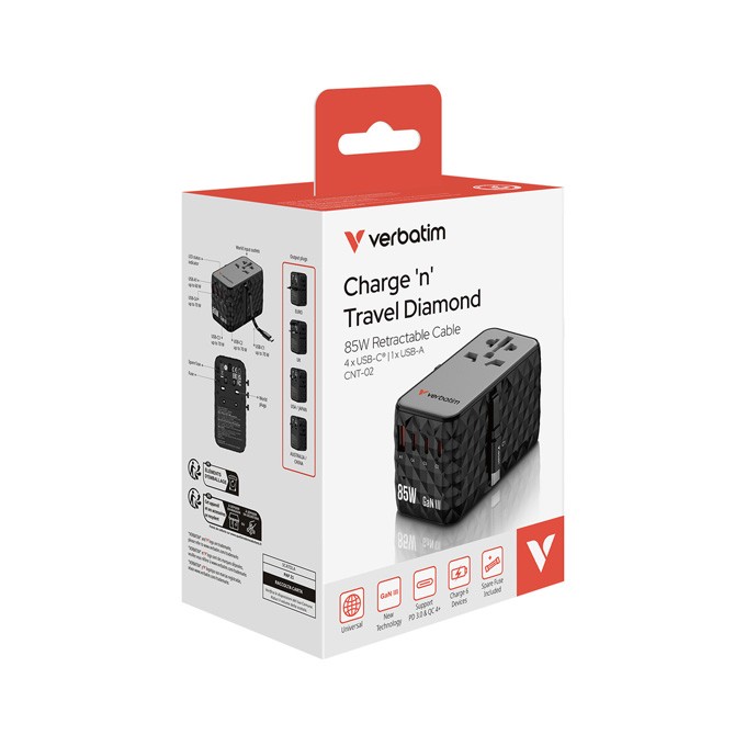 Verbatim, Uniwersalny adapter podróżny CNT-02 GaN III 3x USB-C PD QC 4+, 1x USB-C kabel, 1x USB-A QC, czarny, 85W