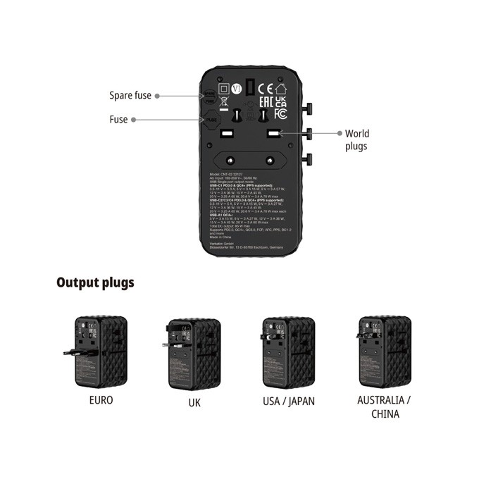 Verbatim, Uniwersalny adapter podróżny CNT-02 GaN III 3x USB-C PD QC 4+, 1x USB-C kabel, 1x USB-A QC, czarny, 85W