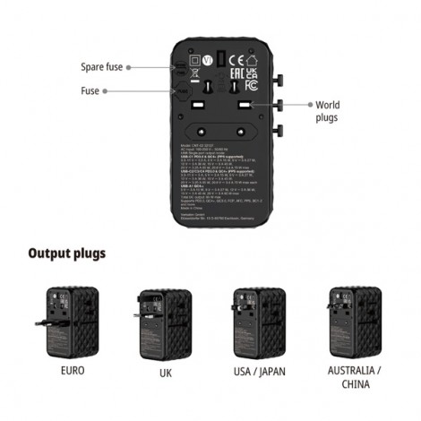 Verbatim, Uniwersalny adapter podróżny CNT-02 GaN III 3x USB-C PD QC 4+, 1x USB-C kabel, 1x USB-A QC, czarny, 85W