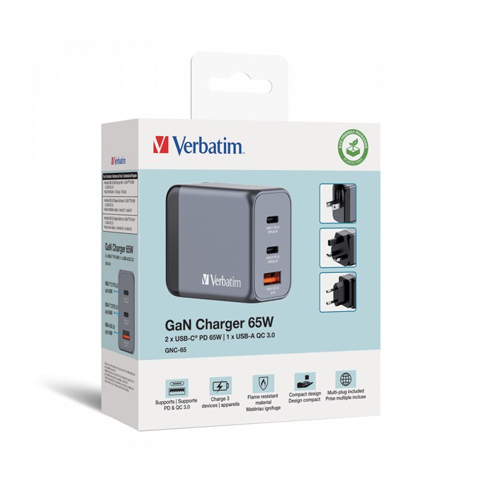 Verbatim, Ładowarka GaN USB 3.0, USB C, szara, 65 W, wymienne końcówki  C,G,A