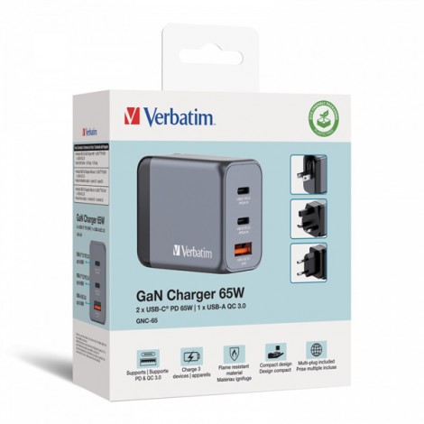 Verbatim, Ładowarka GaN USB 3.0, USB C, szara, 65 W, wymienne końcówki  C,G,A