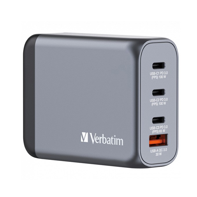 Verbatim, Ładowarka GaN USB 3.0, USB C, szara, 100 W, wymienne końcówki  C,G,A