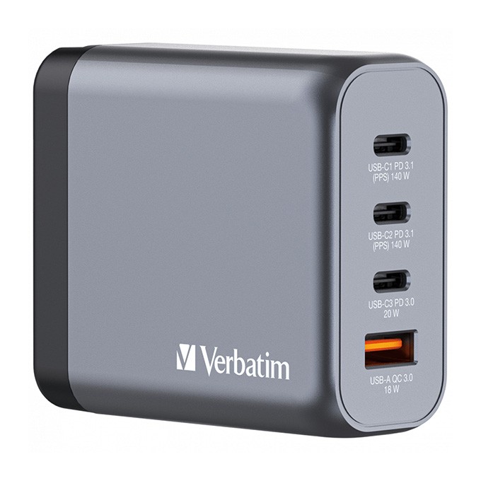 Verbatim, Ładowarka GaN USB 3.0, USB C, szara, 140 W, wymienne końcówki  C,G,A