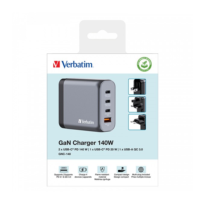 Verbatim, Ładowarka GaN USB 3.0, USB C, szara, 140 W, wymienne końcówki  C,G,A