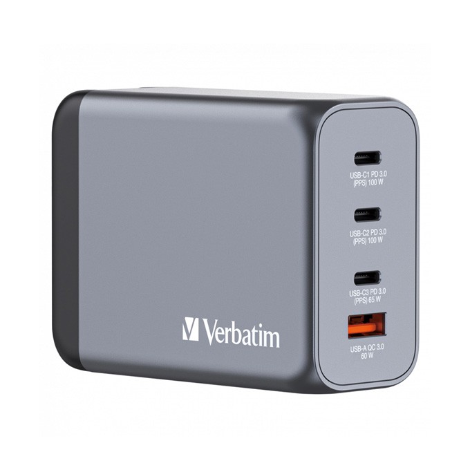 Verbatim, Ładowarka GaN USB 3.0, USB C, szara, 200 W, wymienne końcówki  C,G,A