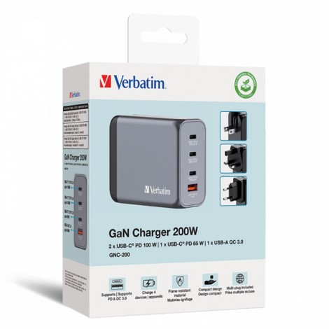 Verbatim, Ładowarka GaN USB 3.0, USB C, szara, 200 W, wymienne końcówki  C,G,A