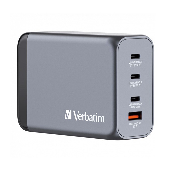 Verbatim, Ładowarka GaN USB 3.0, USB C, szara, 240 W, wymienne końcówki  C,G,A