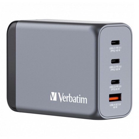 Verbatim, Ładowarka GaN USB 3.0, USB C, szara, 240 W, wymienne końcówki  C,G,A