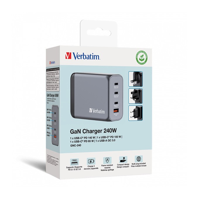 Verbatim, Ładowarka GaN USB 3.0, USB C, szara, 240 W, wymienne końcówki  C,G,A