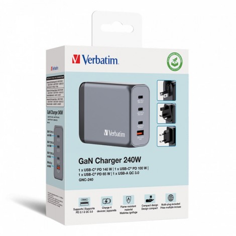 Verbatim, Ładowarka GaN USB 3.0, USB C, szara, 240 W, wymienne końcówki  C,G,A