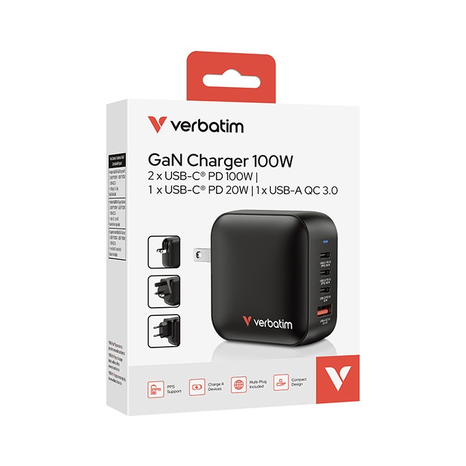 Verbatim, Ładowarka GaN USB 3.0, USB C, szara, 100 W, wymienne końcówki  C,G,A