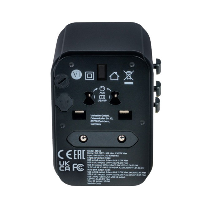 Verbatim, Adapter podróżny World-to-World Verbatim UTA-03 USB-A, USB-C, czarny, 30 W