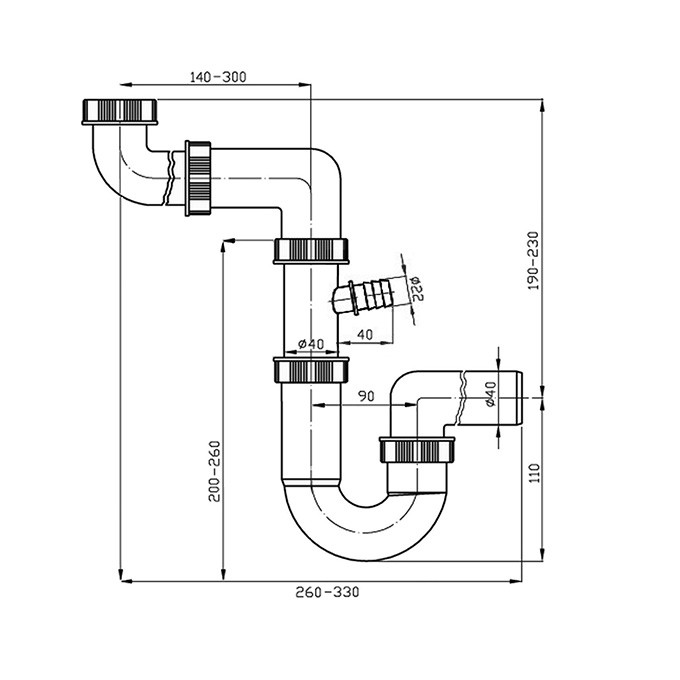 Franke Syfon plastikowy do zlewu, 40 mm, 260-330mm, biały, syfon z odgałęzieniem do zmywarki