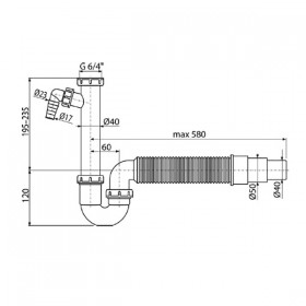 Alcadrain Syfon plastikowy do zlewu, 40 nebo 50 mm, 580mm, biały, z nakrętką złączkową 6/4"
