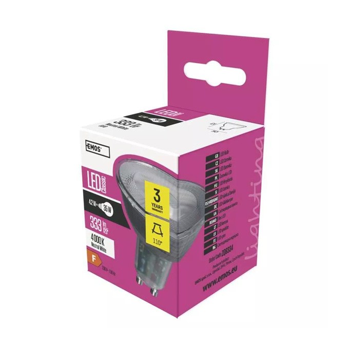 LED żarówka EMOS Lighting GU10, 220-240V, 4.2W, 333lm, 4000k, neutralna biel, 30000h, Classic MR16 52x50x50mm